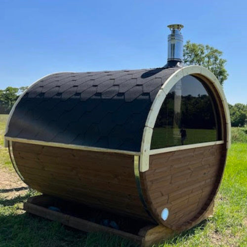 2.2M THERMOWOOD BARREL SAUNA WITH HALF MOON GLASS