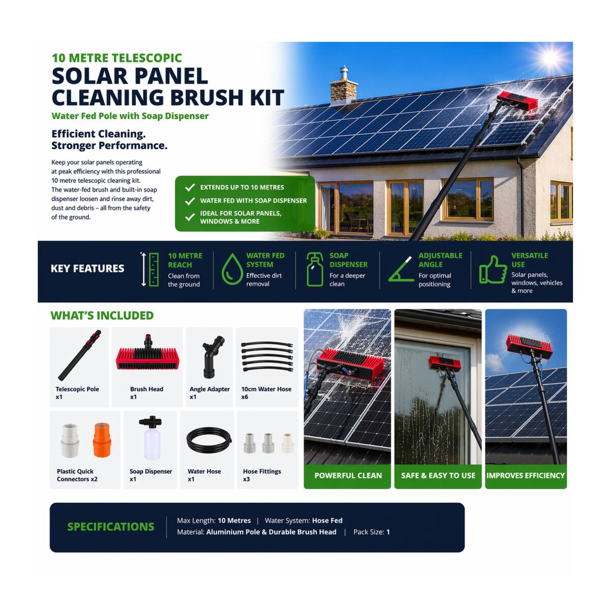 10m Waterfed Extendable Solar Panel Brush Kit